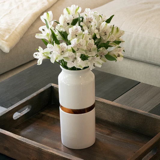 Fiori Vase Urn - White with Walnut