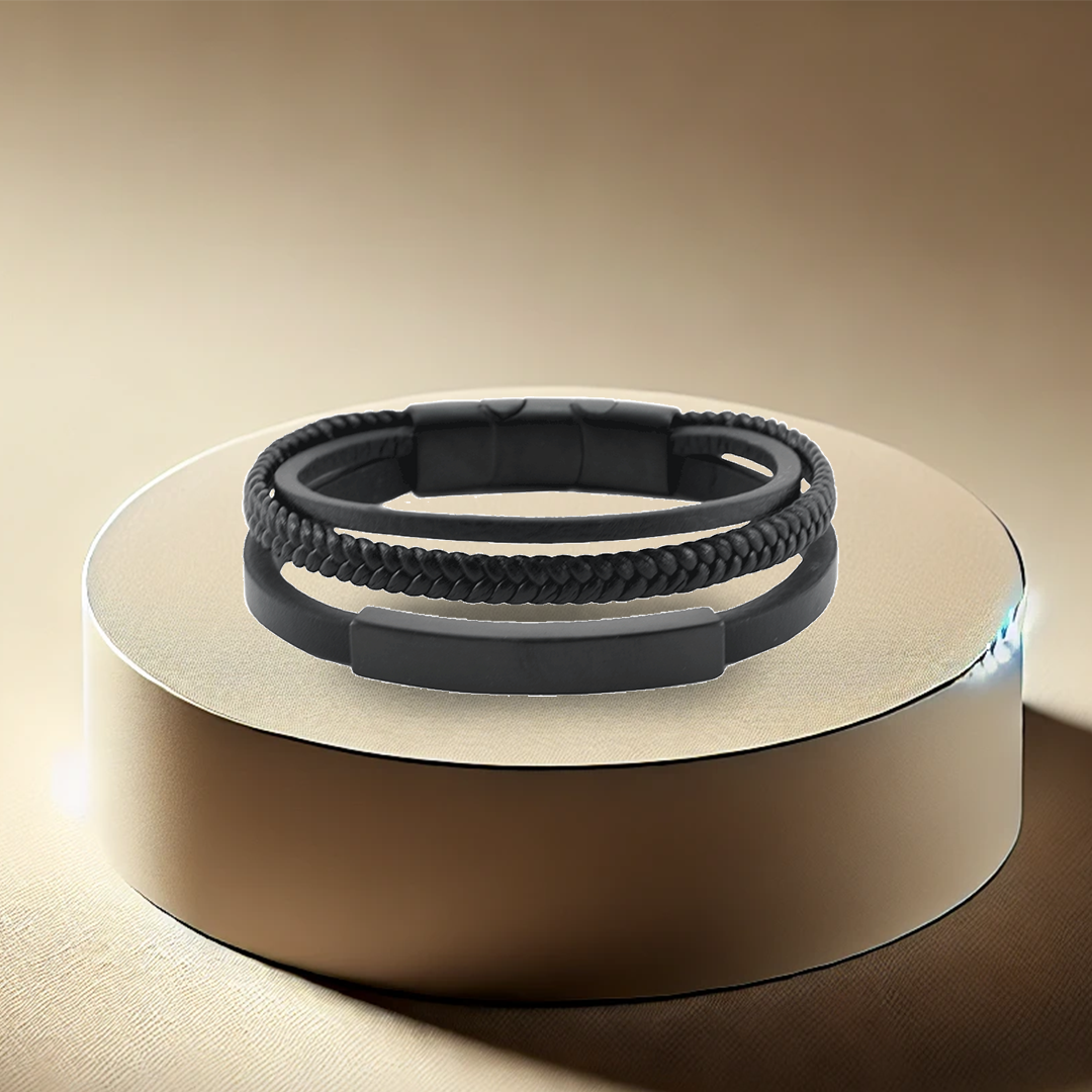 Triple Band Leather Bracelet - Onyx/Black | Memorial Jewellery