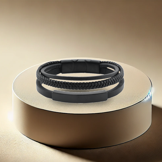 Triple Band Leather Bracelet - Onyx/Black | Memorial Jewellery