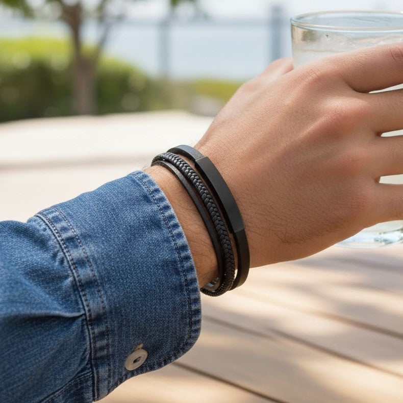 Triple Band Leather Bracelet - Onyx/Black | Memorial Jewellery