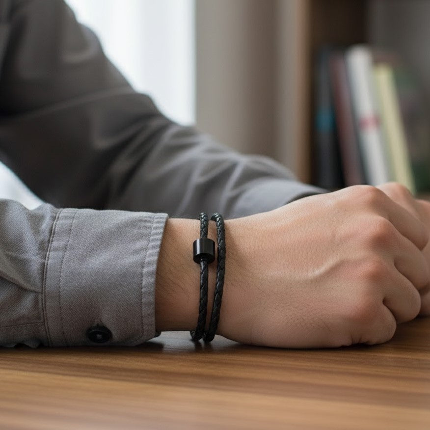Braided Leather Barrel Bracelet - Black/Black | Memorial Jewellery