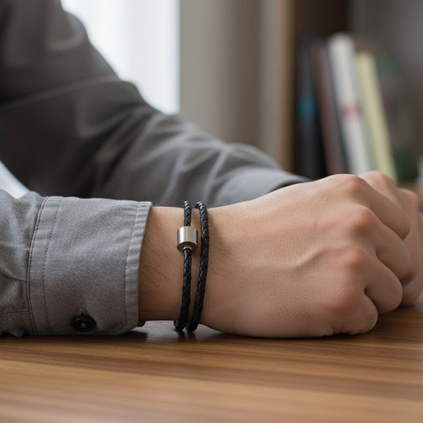 Braided Leather Barrel Bracelet - Black/Steel| Memorial Jewellery
