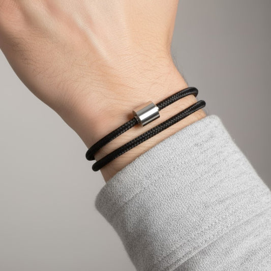 Nautical Cord Barrel Bracelet - Black/Steel | Memorial Jewellery