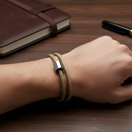 Nautical Cord Barrel Bracelet - Sand Gold/Steel | Memorial Jewellery