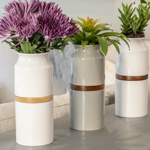 Fiori Vase Urn - White with Walnut